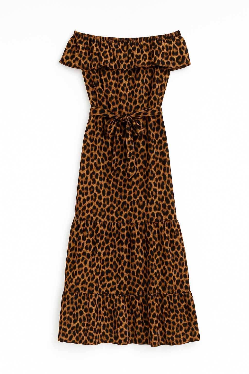 Abito Lungo Leopardato con Scollo a Barchetta e Cintura in Vita