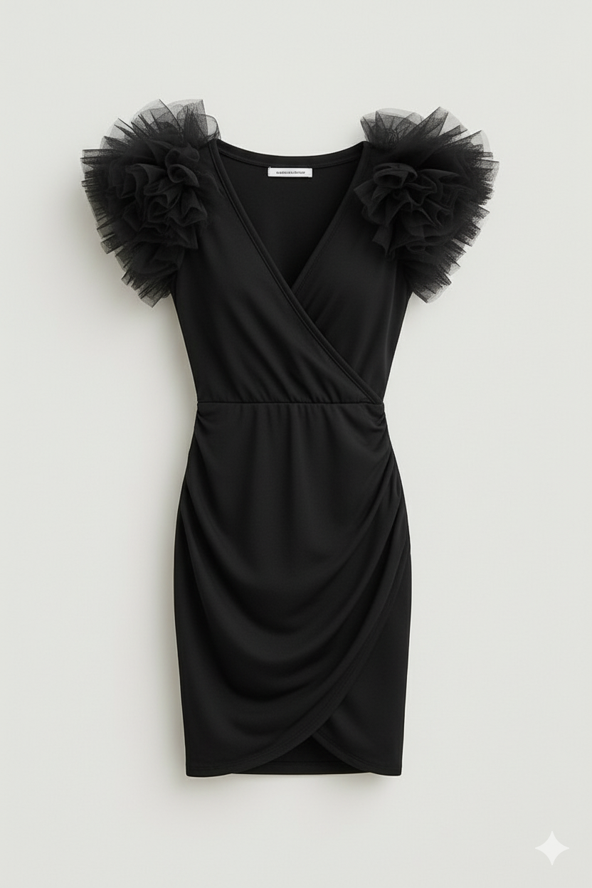 Vestito Corto Lilla con Maniche in Tulle Voluminose