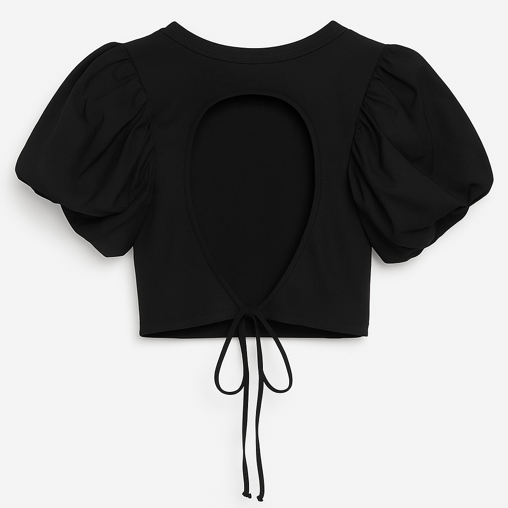 Top Nero Corto con Maniche a Sbuffo e Laccetto