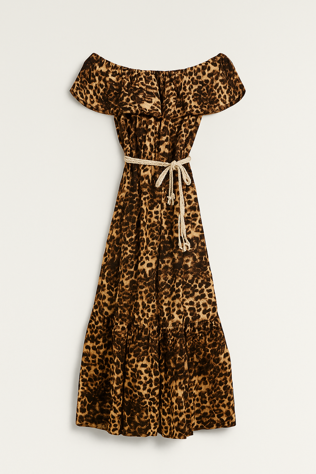 Vestito Leopardato con Scollo Bardot e Laccetto in Vita