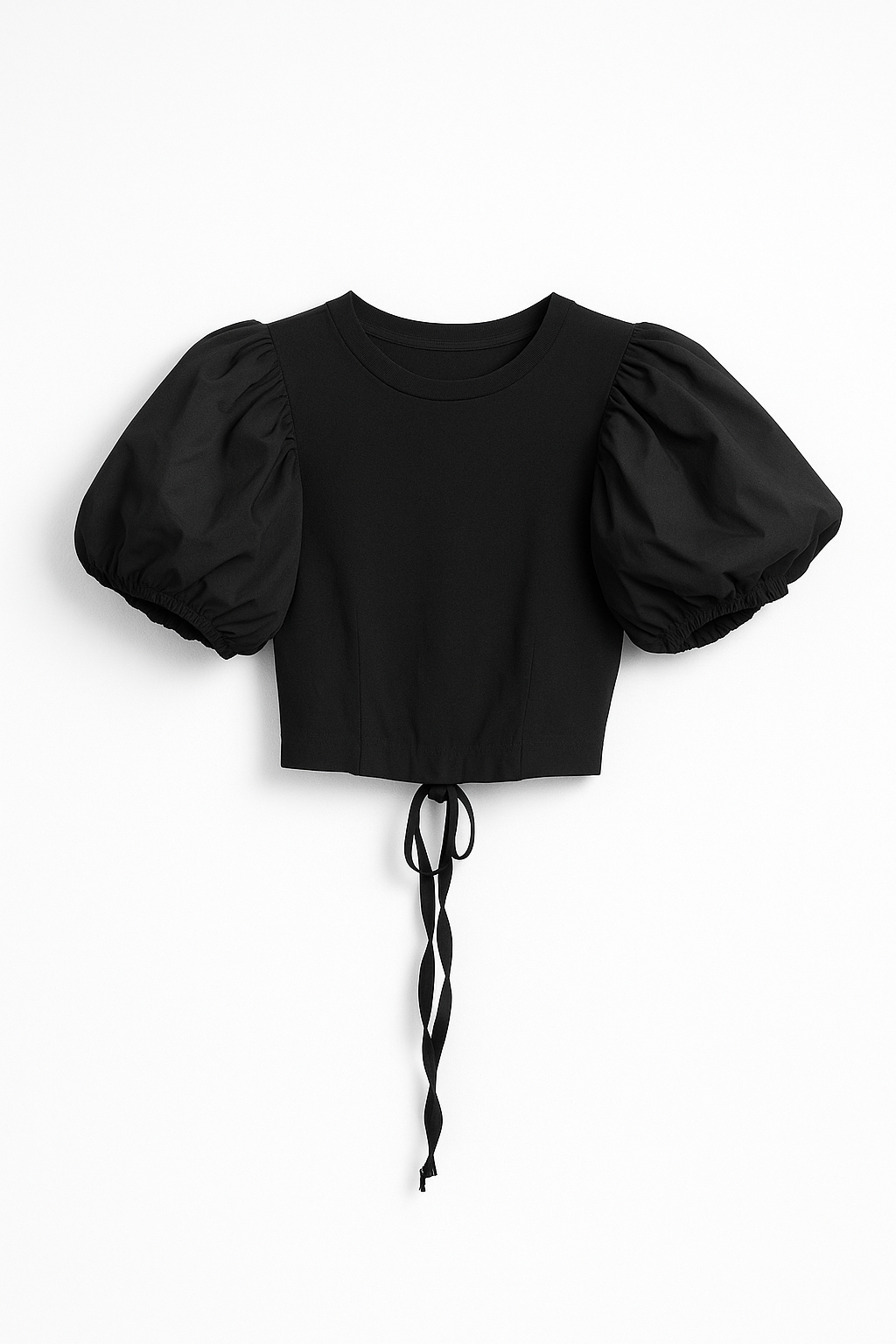 Top Nero Corto con Maniche a Sbuffo e Laccetto