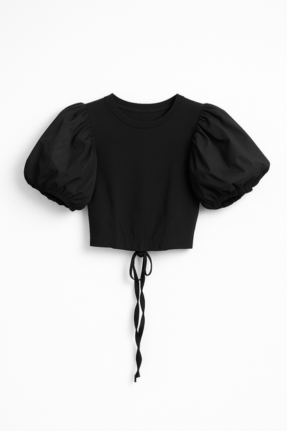 Top Nero Corto con Maniche a Sbuffo e Laccetto