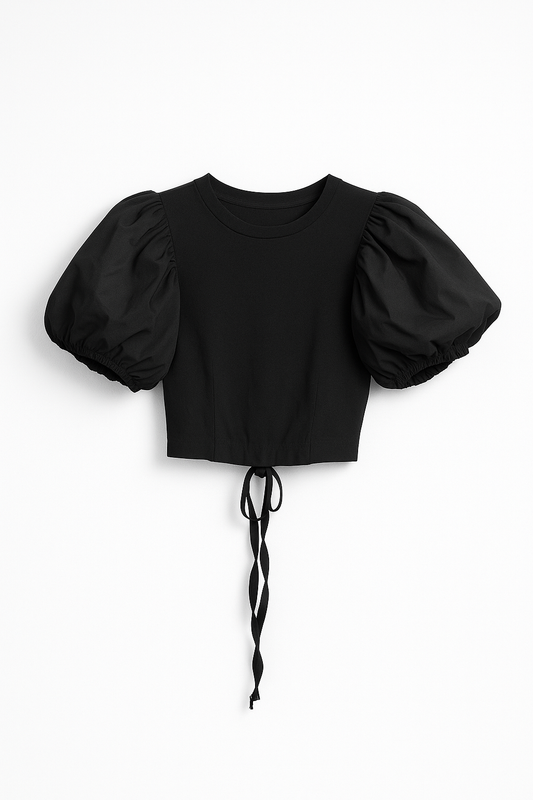 Top Nero Corto con Maniche a Sbuffo e Laccetto
