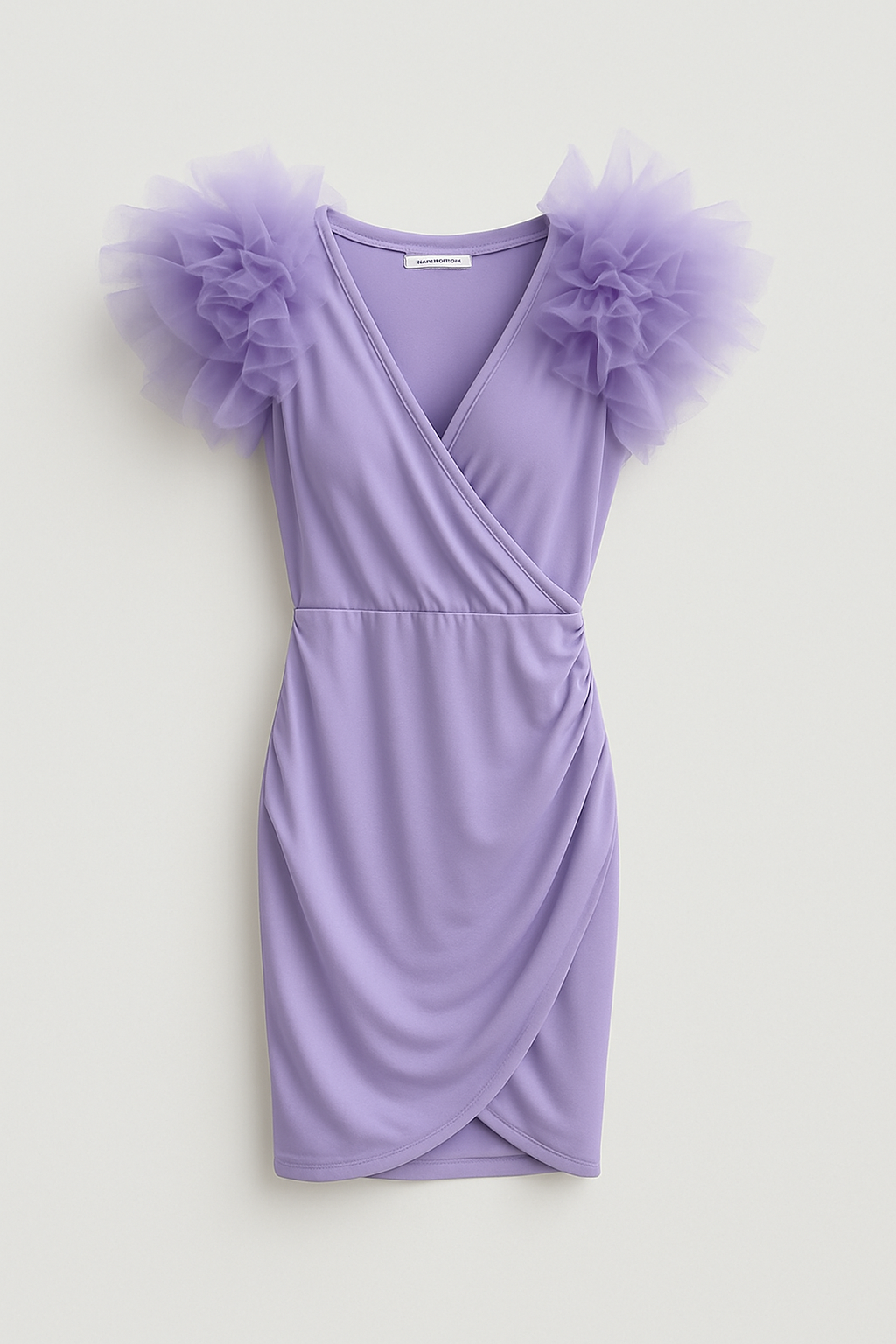 Vestito Corto Lilla con Maniche in Tulle Voluminose
