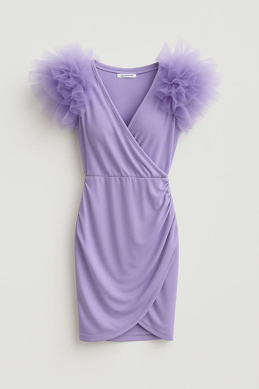 Vestito Corto Lilla con Maniche in Tulle Voluminose