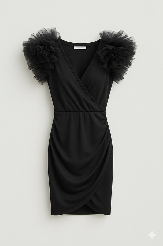 Vestito Corto Lilla con Maniche in Tulle Voluminose