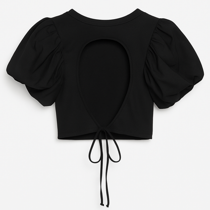 Top Nero Corto con Maniche a Sbuffo e Laccetto