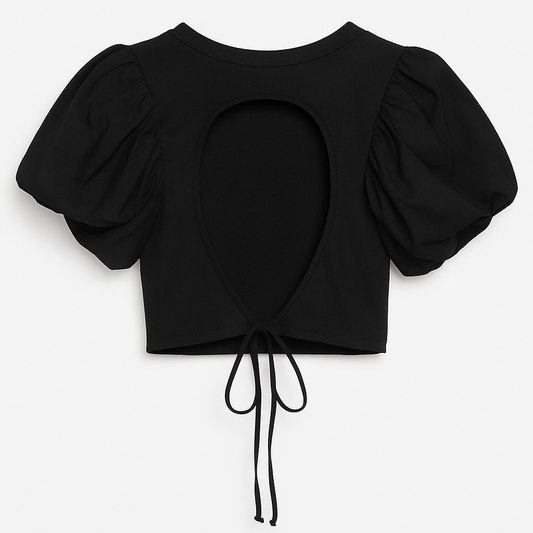 Top Nero Corto con Maniche a Sbuffo e Laccetto