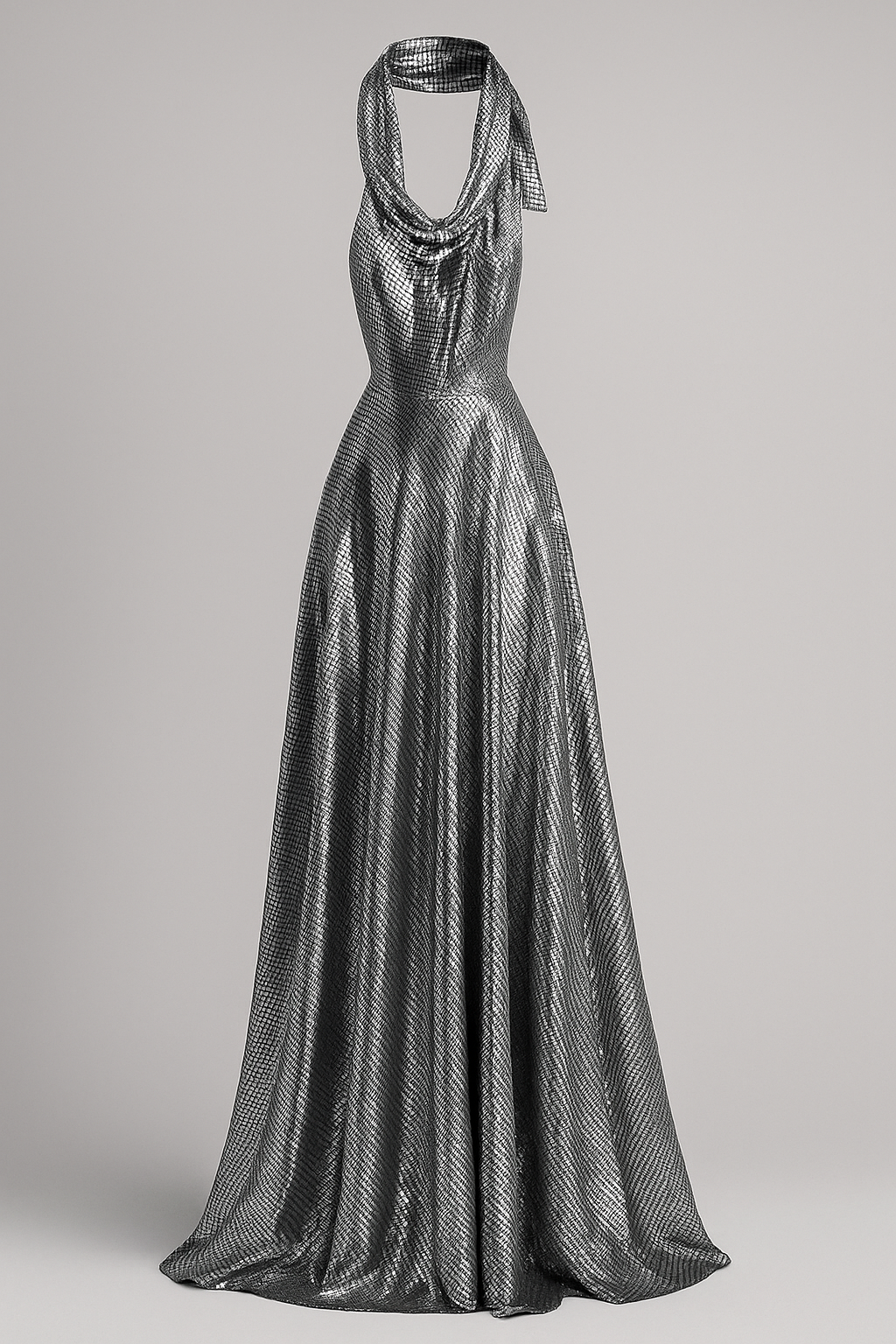 Abito da Sera Lungo Argento Metallizzato con Scollo a Drappeggio