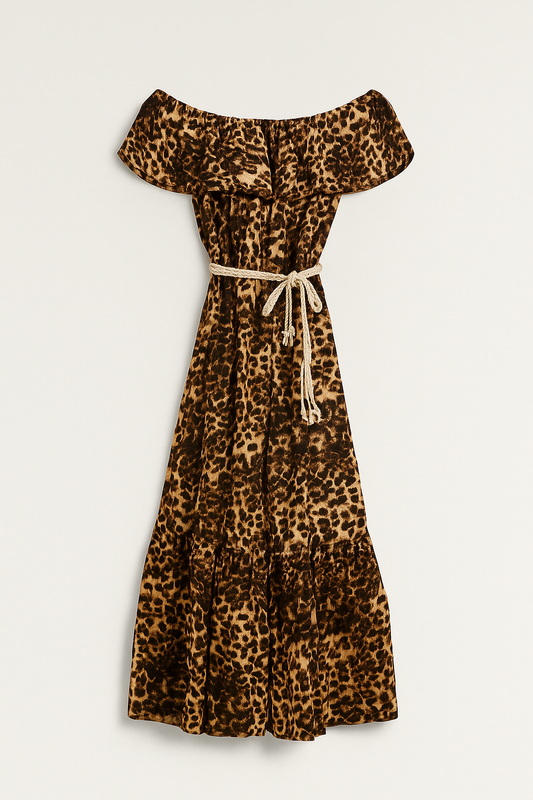 Vestito Leopardato con Scollo Bardot e Laccetto in Vita