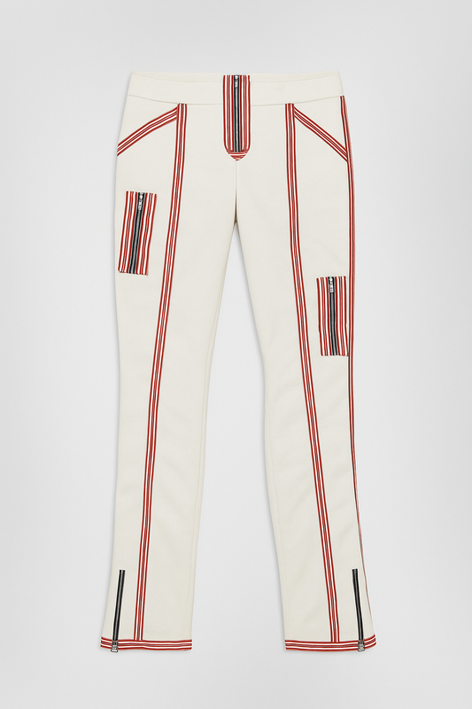 Pantaloni Skinny Bicolore con Strisce Rosse e Zip